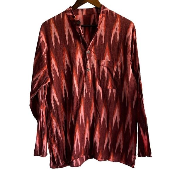 Women's Red Boho Printed Long Sleeve Button Front Top - Picture 1 of 8
